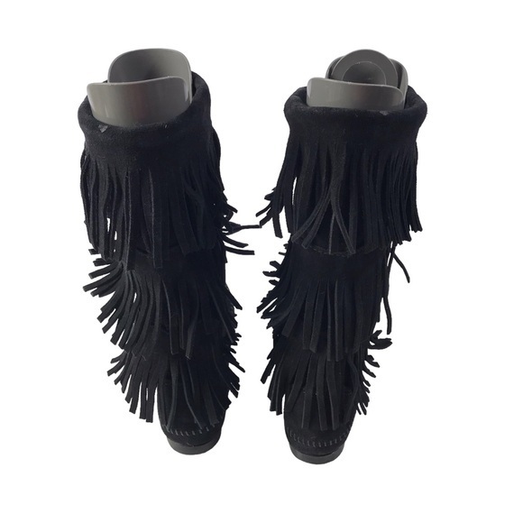 Minnetonka 3 Layer Fringe Moccasin Boot Womens Size 8 Suede Boho Western 1639 - Picture 9 of 11